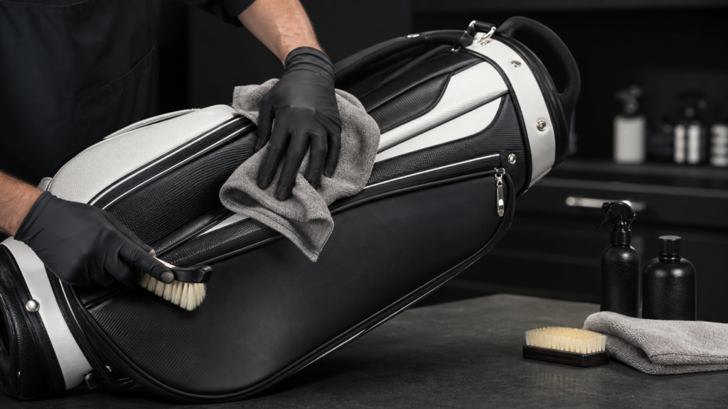 Premium golf bag being cleaned with a cloth on a dark surface in a professional detailing setting
