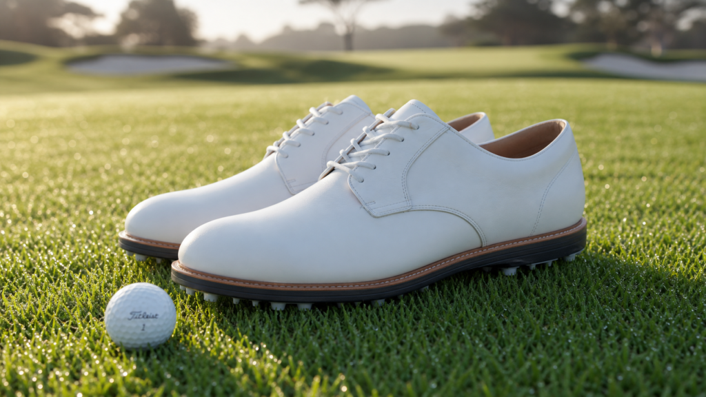 Clean white leather golf shoes on fresh dewy green grass of a golf course